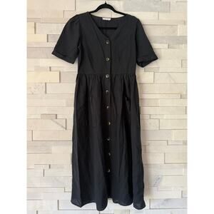 OAK + FORT Cotton/Linen Button Front Midi Dress w/ Patch Pockets S Coastal Boho